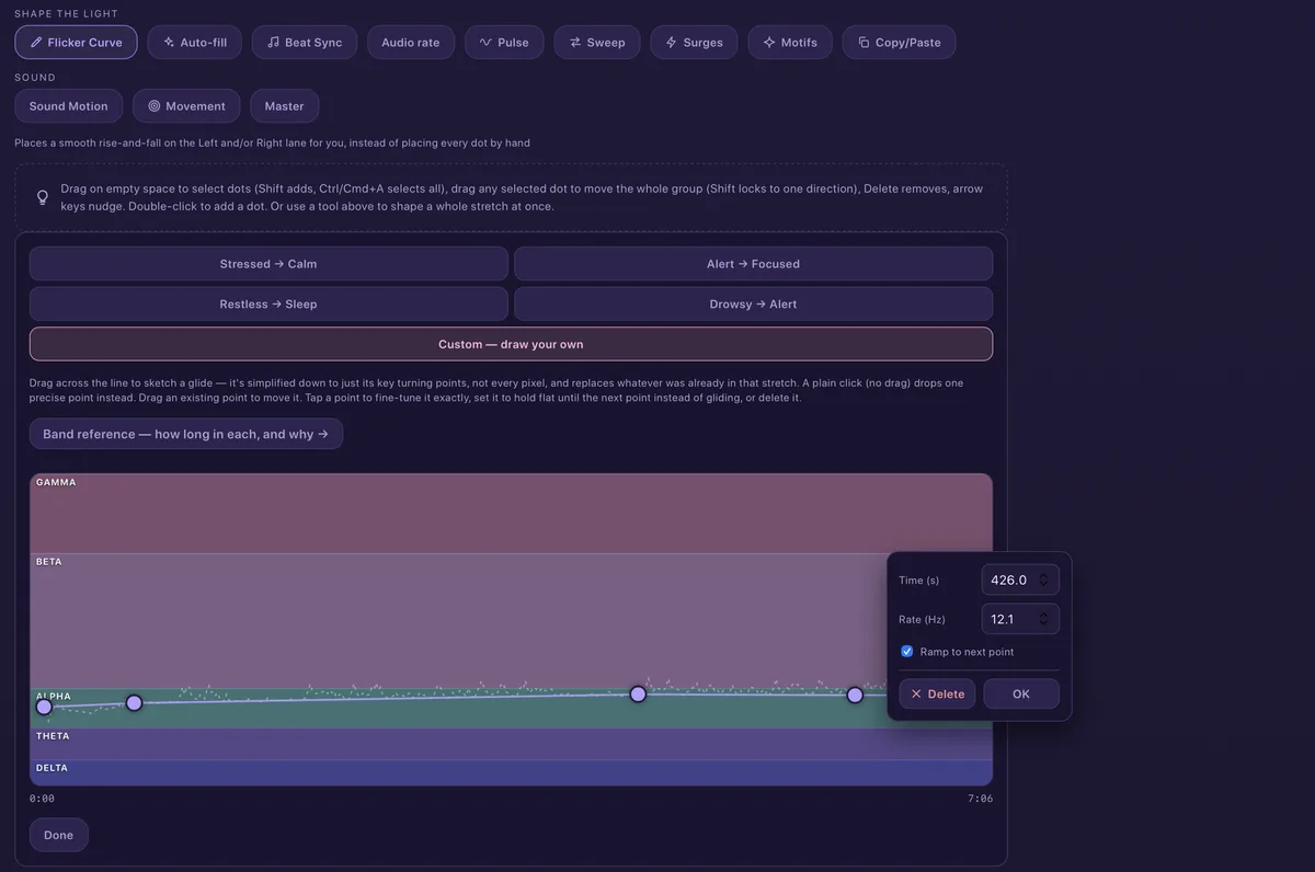Flicker curve editor across delta, theta, alpha, beta and gamma bands