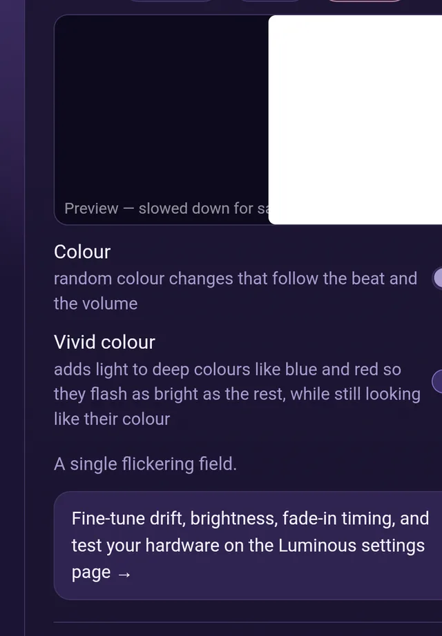 Luminous light preview with colour options